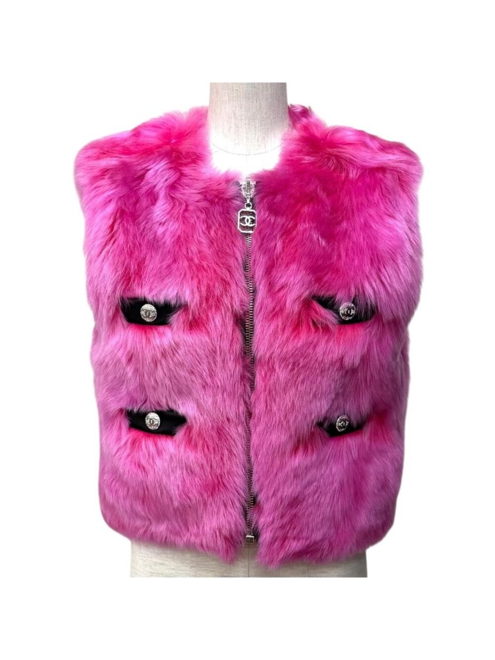 Chanel Reversible CC Logo Button Zip UP Lamfa Vest Pink Black 36